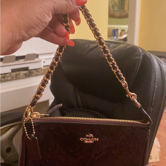 NEW COACH wristlet F11940 signature black patent leather oxblood purse gold NWOT - Picture 11 of 12